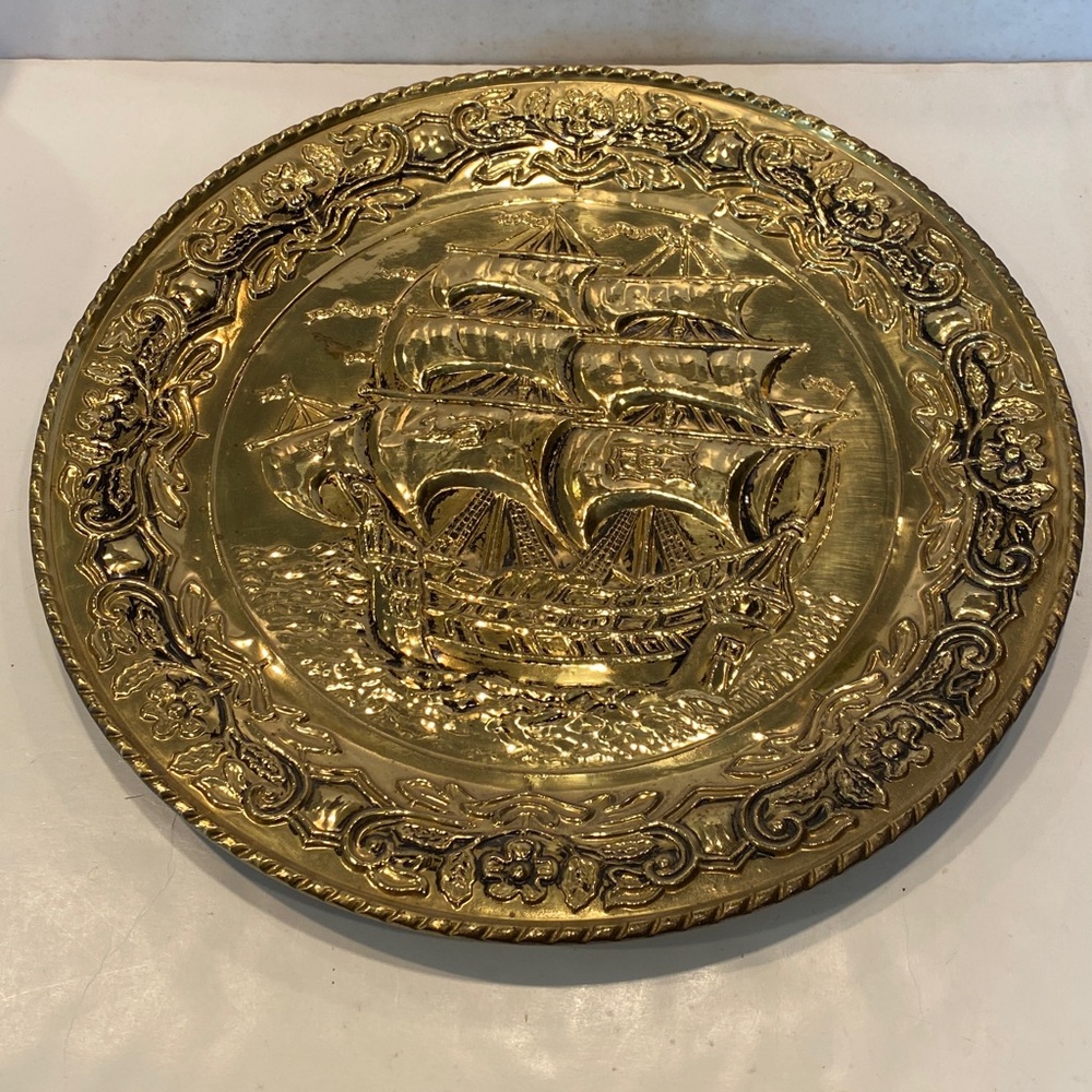 Vintage Hammered Brass Sailing Ship Wall Hanging